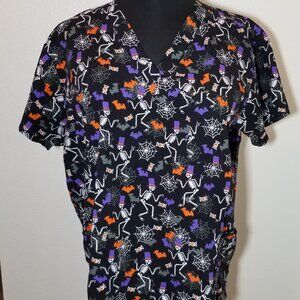 Halloween Womens 2X Black Scrub Top Skeleton Bat Medical Nursing Hospital Lab